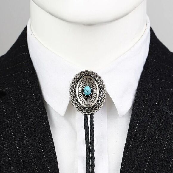 Turquoise Stone Oval Concho Bolo Tie Mens Casual Western Cowboy Accessory New - Picture 2 of 4